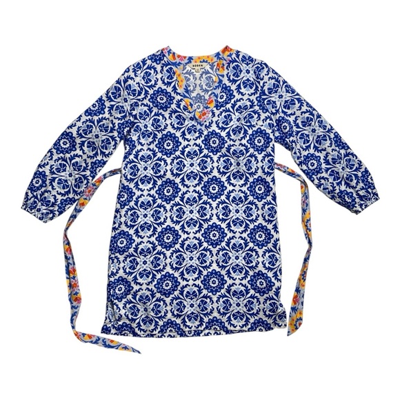 Boden Blue and White Floral Print Long Sleeve Linen Dress Mosaic Bloom Size 8 - Picture 2 of 8